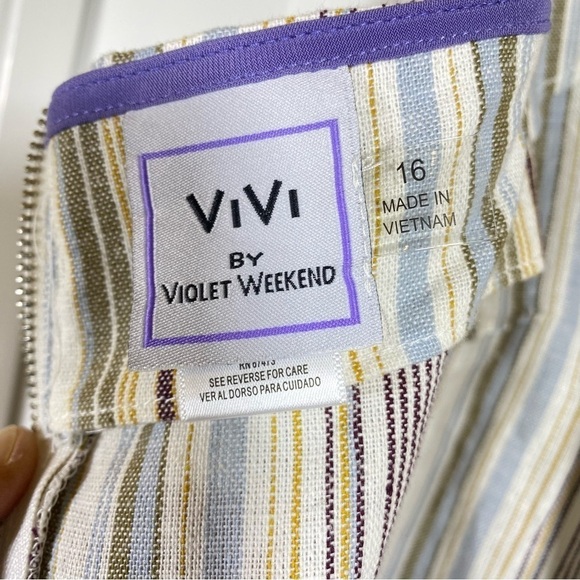 VIVI by VIOLET WEEKEND Plus Size 16 Cropped Jumpsuit Blue tan White Linen Blend - Picture 9 of 10